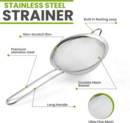 Set of 2 Stainless Steel Mesh Strainers for Kitchen - 5.5 inch Round Fine Mesh Strainer & 3.4 inch Conical Strainer Fine Mesh - Ideal to Sieve Pasta Noodles, Quinoa, Tea, Coffee, Juices, Flour