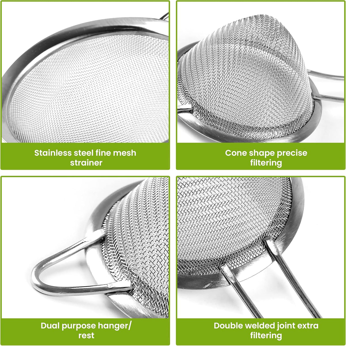 Set of 2 Stainless Steel Mesh Strainers for Kitchen - 5.5 inch Round Fine Mesh Strainer & 3.4 inch Conical Strainer Fine Mesh - Ideal to Sieve Pasta Noodles, Quinoa, Tea, Coffee, Juices, Flour