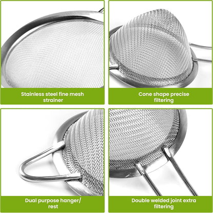 Set of 2 Stainless Steel Mesh Strainers for Kitchen - 5.5 inch Round Fine Mesh Strainer & 3.4 inch Conical Strainer Fine Mesh - Ideal to Sieve Pasta Noodles, Quinoa, Tea, Coffee, Juices, Flour