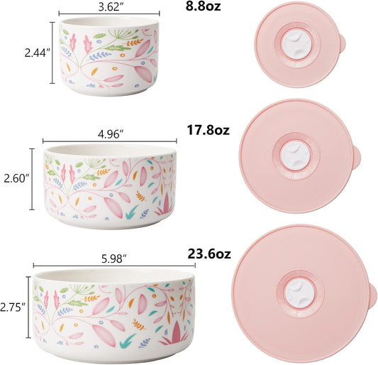 Ceramic Bowls with Lids, 4, 5, 6 Inch Ceramic Nesting Bowls Set | for Soup, Salad, Cereal, Serving or Gift, Ceramic Food Storage Container, Microwave & Dishwasher Safe
