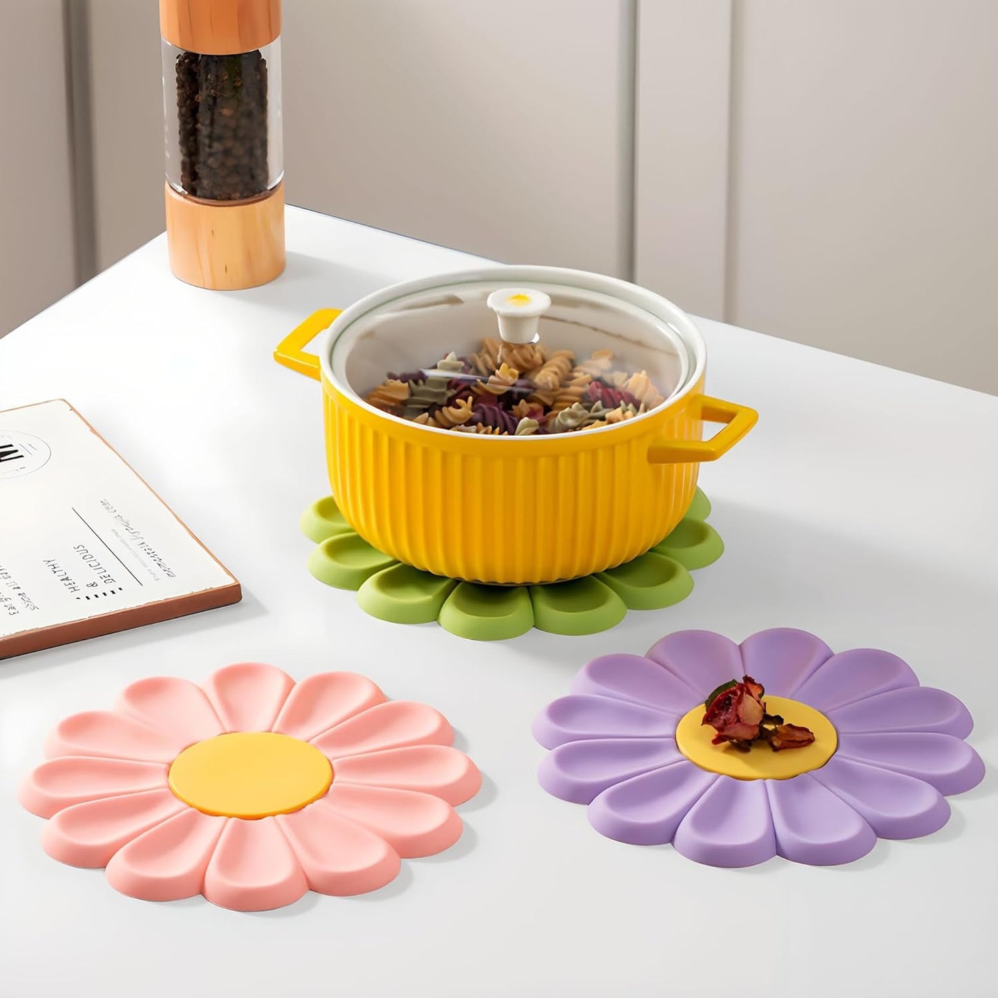 Daisy Silicone Trivet 6.7 Inch Heat Resistant Hot Pad | Food-grade silicone, heat resistant to 446°F. Use as trivet, coffee mat, or placemat. Anti-slip, dishwasher safe, stackable.
