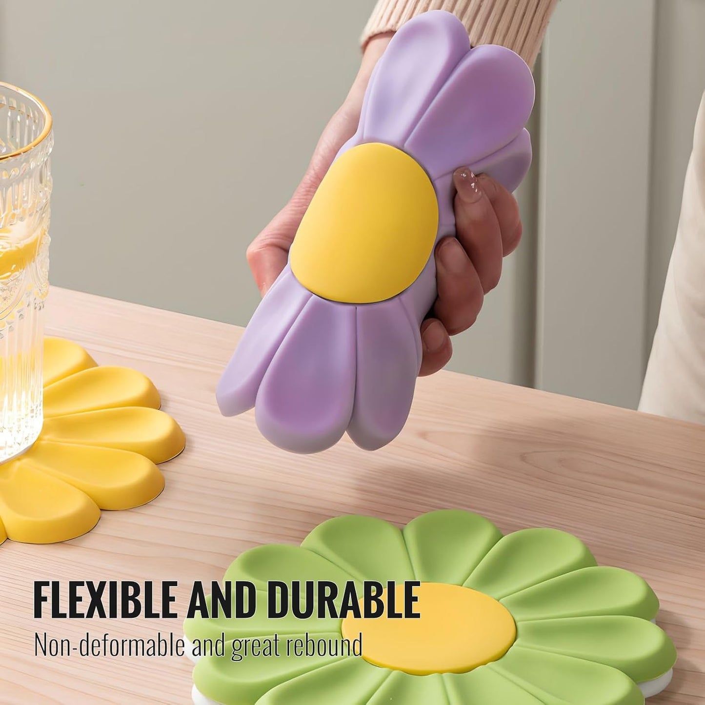 Daisy Silicone Trivet 6.7 Inch Heat Resistant Hot Pad | Food-grade silicone, heat resistant to 446°F. Use as trivet, coffee mat, or placemat. Anti-slip, dishwasher safe, stackable.