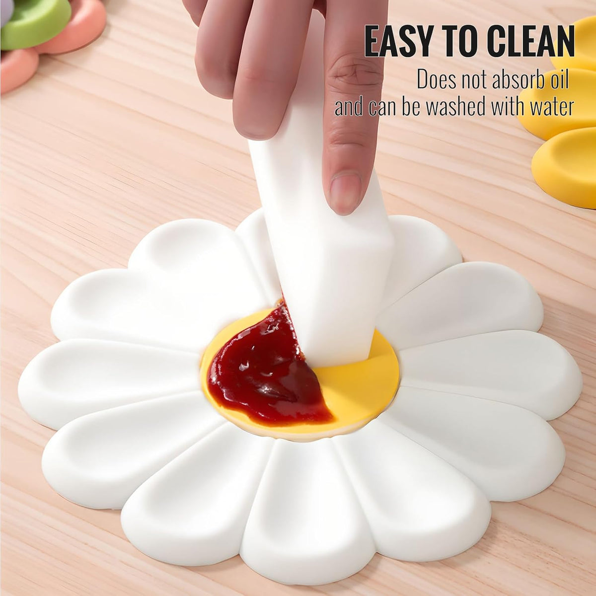 Daisy Silicone Trivet 6.7 Inch Heat Resistant Hot Pad | Food-grade silicone, heat resistant to 446°F. Use as trivet, coffee mat, or placemat. Anti-slip, dishwasher safe, stackable.