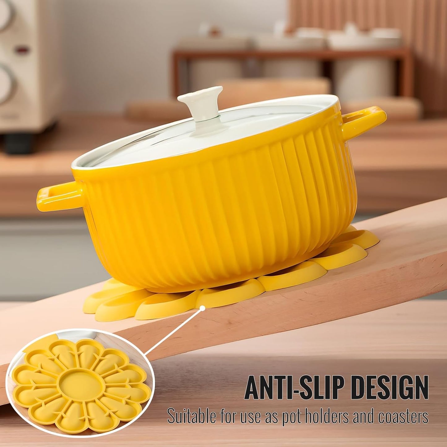 Daisy Silicone Trivet 6.7 Inch Heat Resistant Hot Pad | Food-grade silicone, heat resistant to 446°F. Use as trivet, coffee mat, or placemat. Anti-slip, dishwasher safe, stackable.