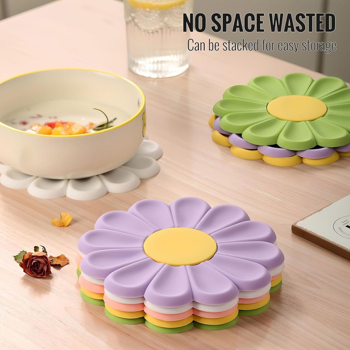 Daisy Silicone Trivet 6.7 Inch Heat Resistant Hot Pad | Food-grade silicone, heat resistant to 446°F. Use as trivet, coffee mat, or placemat. Anti-slip, dishwasher safe, stackable.
