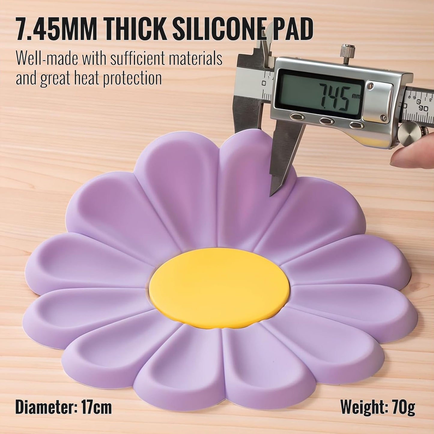 Daisy Silicone Trivet 6.7 Inch Heat Resistant Hot Pad | Food-grade silicone, heat resistant to 446°F. Use as trivet, coffee mat, or placemat. Anti-slip, dishwasher safe, stackable.