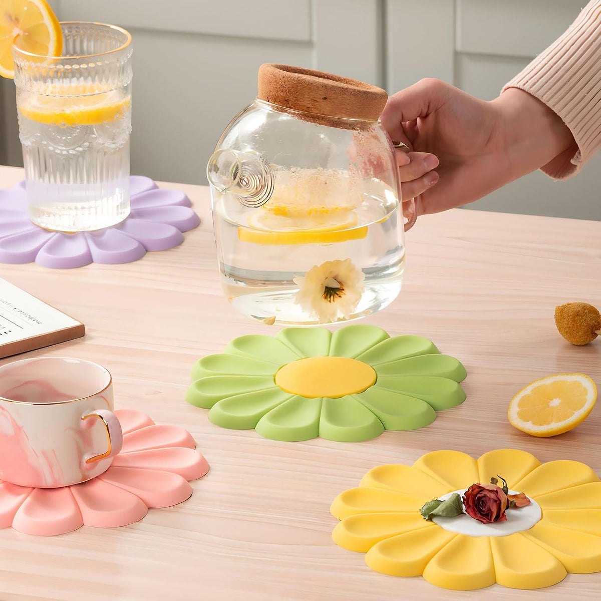 Daisy Silicone Trivet 6.7 Inch Heat Resistant Hot Pad | Food-grade silicone, heat resistant to 446°F. Use as trivet, coffee mat, or placemat. Anti-slip, dishwasher safe, stackable.