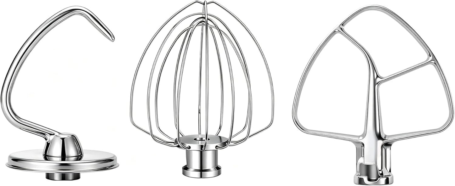 Stainless Steel Mixer Accessories Compatible with KitchenAid 4.5-5 Qt Tilt-Head, Heavy Duty Flat Beater, Dough Hook & 6 Wire Whisk, Fits KSM150, KSM45, KSM90, Dishwasher Safe Replacement Parts