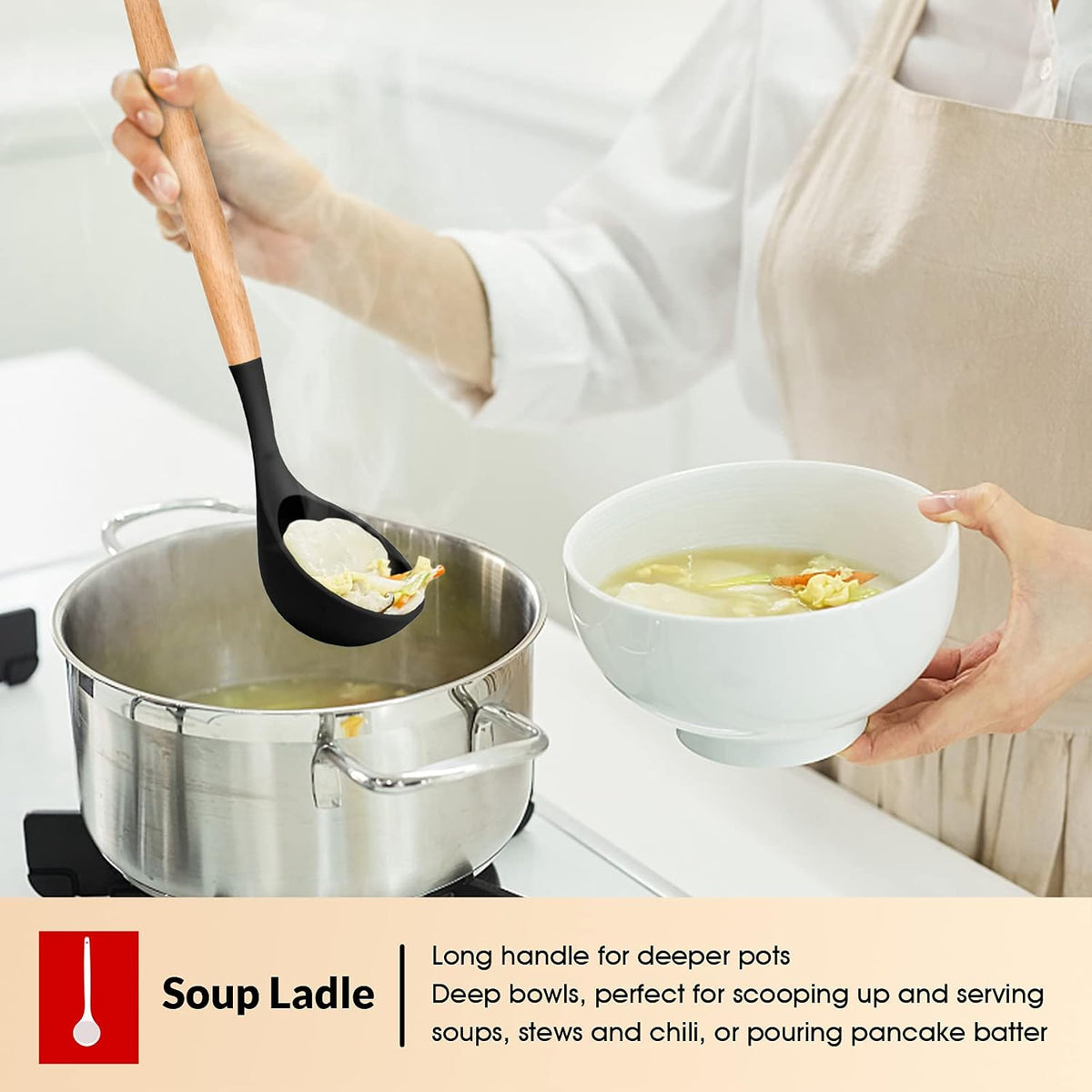 Cooking Utensils Set of 6, Silicone Kitchen Utensils with Wooden Handle, Non-stick Cookware Friendly & Heat Resistant, Includes Spatula/Ladle/Slotted Turner/Serving Spoon/Spaghetti Server(Khaki)