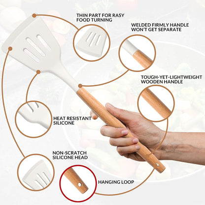Cooking Utensils Set of 6, Silicone Kitchen Utensils with Wooden Handle, Non-stick Cookware Friendly & Heat Resistant, Includes Spatula/Ladle/Slotted Turner/Serving Spoon/Spaghetti Server(Khaki)