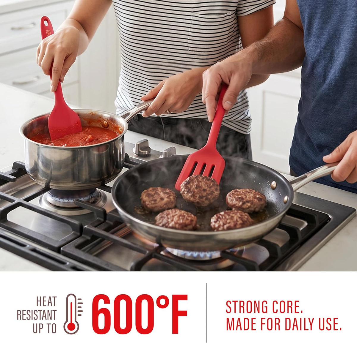 Silicone Spatula Set with Slotted Turner, 4-Piece One-Piece Seamless Kitchen Set for Everyday Cooking, Safe for Nonstick Cookware, 600°F Heat Resistant, BPA Free, Dishwasher Safe | (Red)
