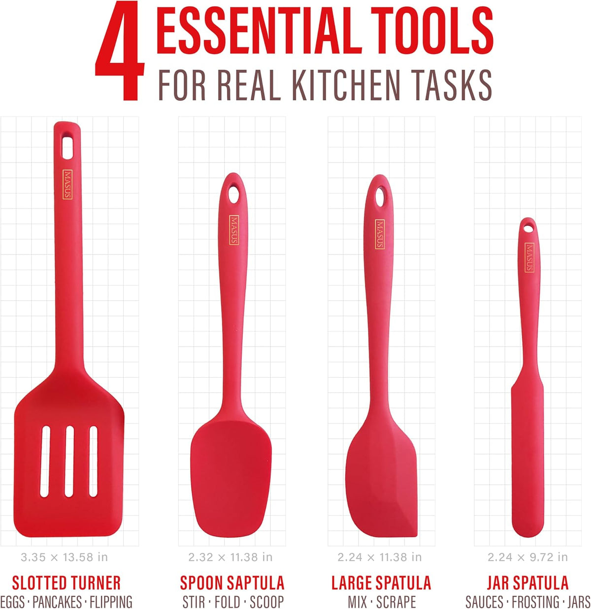 Silicone Spatula Set with Slotted Turner, 4-Piece One-Piece Seamless Kitchen Set for Everyday Cooking, Safe for Nonstick Cookware, 600°F Heat Resistant, BPA Free, Dishwasher Safe | (Red)