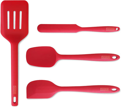 Silicone Spatula Set with Slotted Turner, 4-Piece One-Piece Seamless Kitchen Set for Everyday Cooking, Safe for Nonstick Cookware, 600°F Heat Resistant, BPA Free, Dishwasher Safe | (Red)