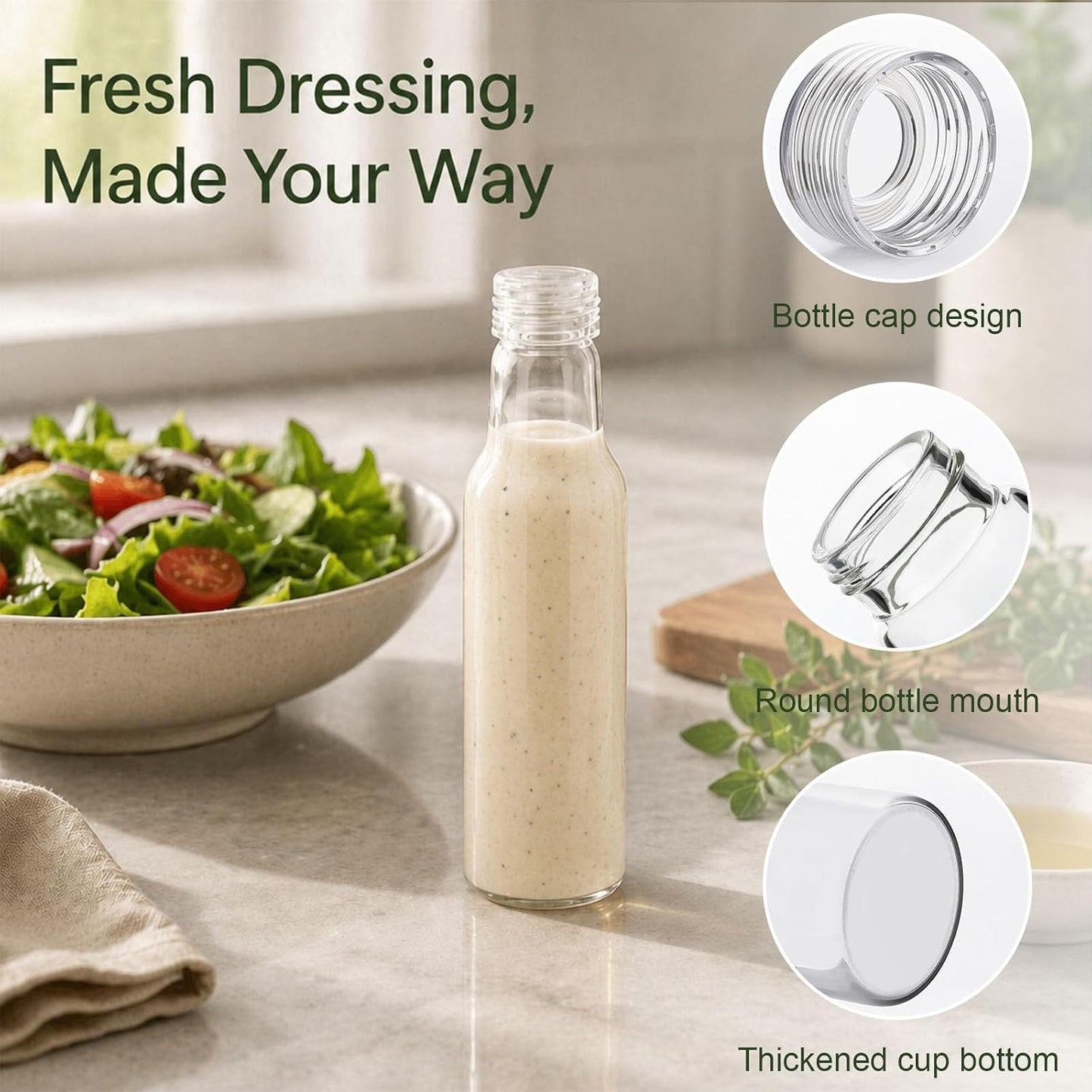 Salad Dressing Container 16 Oz Glass 2 Pack, Salad Dressing Shaker Bottle, Leakproof Glass Shaker Bottle for Oil Vinegar Kitchen Fridge Storage Meal Prep Lunch and On the Go