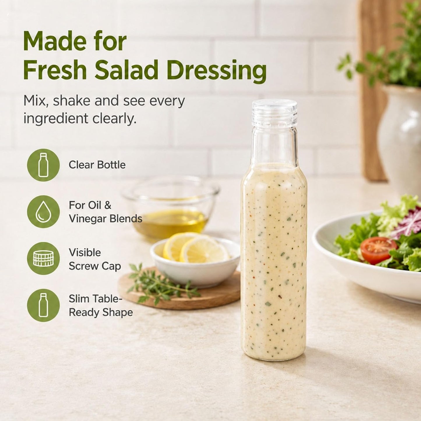 Salad Dressing Container 16 Oz Glass 2 Pack, Salad Dressing Shaker Bottle, Leakproof Glass Shaker Bottle for Oil Vinegar Kitchen Fridge Storage Meal Prep Lunch and On the Go