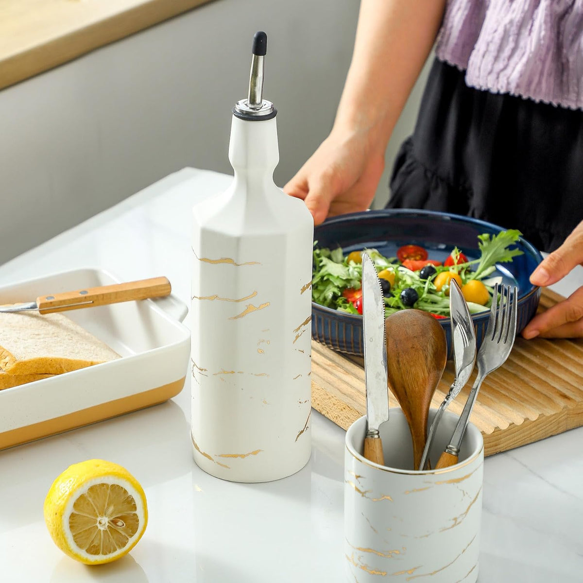 Ceramic Olive Oil Dispenser Bottle, White Oil Dispenser Bottle for Kitchen, Large Capacity 26oz Oil and Vinegar Bottles Dispenser