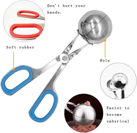 Meatball Maker, 2 PCS None-Stick Meatball Maker with Detachable Anti-Slip Handles, Stainless Steel Meat Baller Tongs, Cake Pop Roller, Ice Tongs, Cookie Dough Scoop for Kitchen (1.38"&1.78")