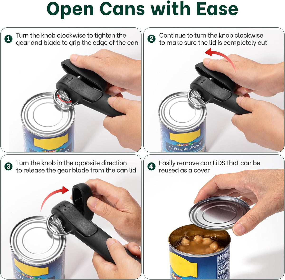 Side Cut Manual Can Opener, Smooth Cut with No Sharp Edges, Black