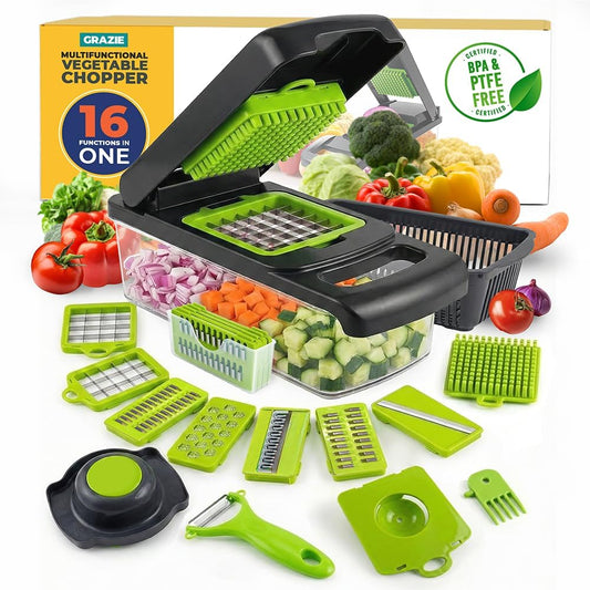 16-in-1 Vegetable Chopper with Container – Multifunctional Food Cutter, Dicer, Slicer, Grater, Peeler – Essential Kitchen Gadget for Veggies, Fruits & Salad, Easy & No-Mess Meal Prep, Gray