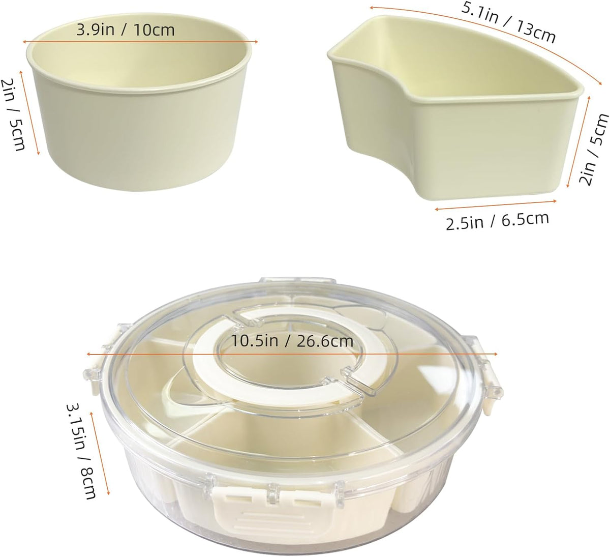 Divided Serving Tray with Lid and Handle, Stackable Snackle Box Container for Fruits Candy Organizer, Portable Spinning Rounded Veggie Tray for Kitchen, Party, Trave and Picnic-1 PACK