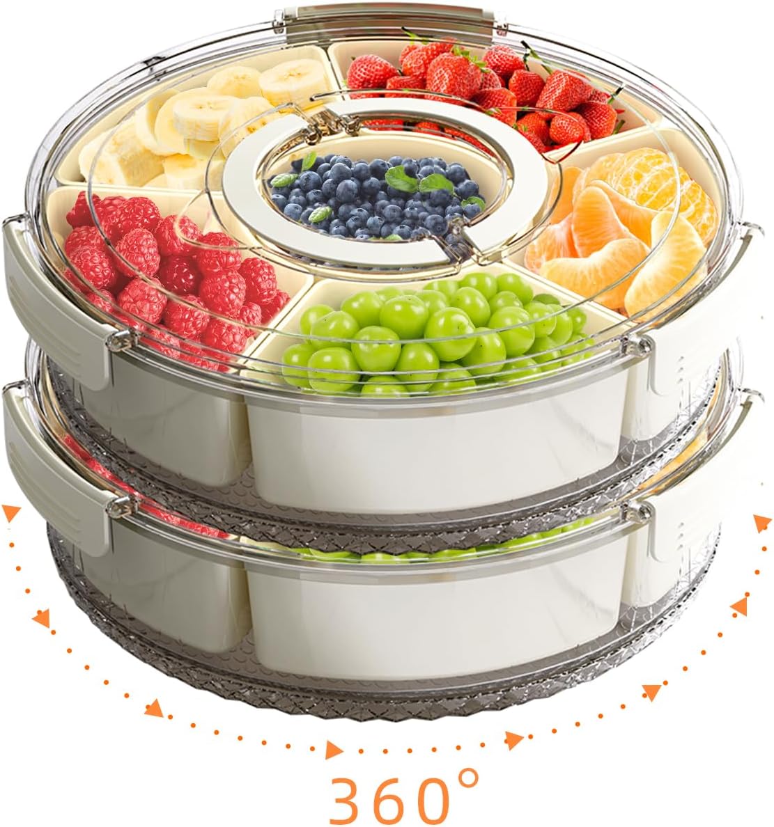 Divided Serving Tray with Lid and Handle, Stackable Snackle Box Container for Fruits Candy Organizer, Portable Spinning Rounded Veggie Tray for Kitchen, Party, Trave and Picnic-1 PACK