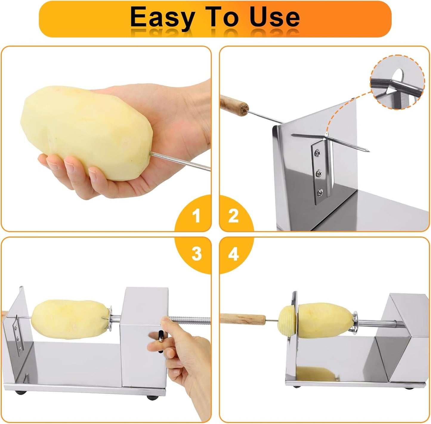 Twisted Potato slicer,Cortador de Papas en Espiral Tornado Curly Fry Cutter | Stainless Steel skewers, Manual Spiral French Fries Cucumbers Carrots DIY BBQ Slicer with Reusable Stick