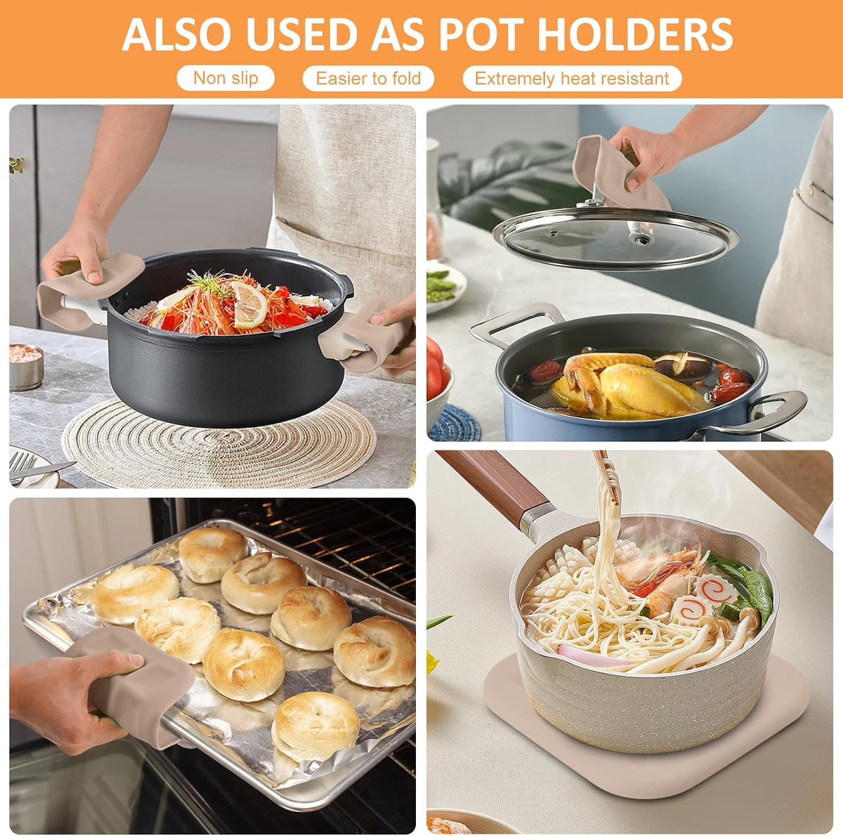 Silicone Trivets for Hot Pots and Pans, Pot Holders Hot Pads 6 Pack Silicone Mats for Kitchen Counter, Soft Durable Drying Mat, Jar Opener and Coasters (Brown)