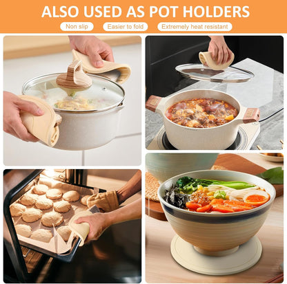 Silicone Trivets for Hot Pots and Pans, Pot Holders Hot Pads 6 Pack Silicone Mats for Kitchen Counter, Soft Durable Drying Mat, Jar Opener and Coasters (Brown)