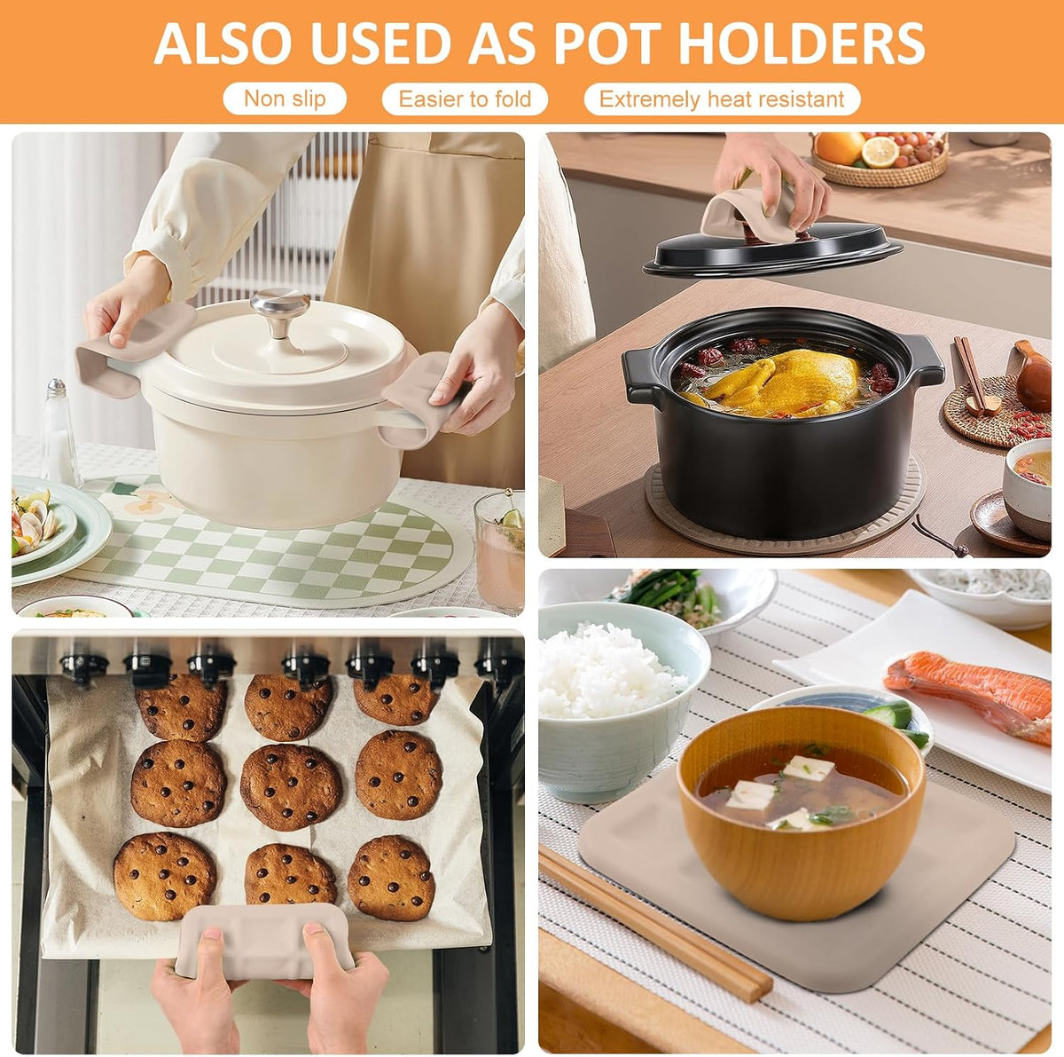 Silicone Trivets for Hot Pots and Pans, Pot Holders Hot Pads 6 Pack Silicone Mats for Kitchen Counter, Soft Durable Drying Mat, Jar Opener and Coasters (Brown)