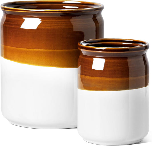 Kitchen Utensil Holder for Countertop, Ceramic Utensil Crock Set of 2, Rustic Brown Holder for Spatulas, Spoons and Ladles, Large Farmhouse Kitchen Counter Decor, Brown and White, 7.2" & 5.4"