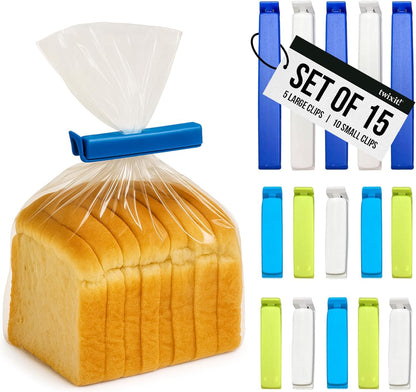 Twixit! Bag Clips - Set of 15 - Keep Food Fresh, Prevent Spillage - Great for Storage and Organization - Microwave, Freezer and Dishwasher-Safe - BPA-Free