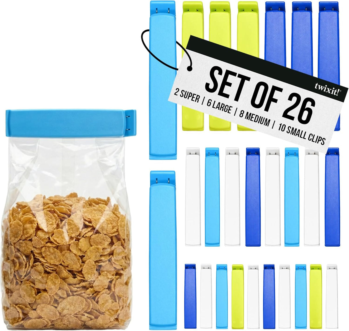 Twixit! Bag Clips - Set of 15 - Keep Food Fresh, Prevent Spillage - Great for Storage and Organization - Microwave, Freezer and Dishwasher-Safe - BPA-Free