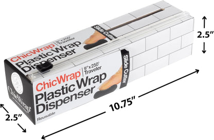 ® Subway Tile Refillable 9” Plastic Wrap Dispenser - Includes One 9" x 250' Roll of Professional Grade Plastic Wrap - and Kosher Certified - Reusable Dispenser w/Slide Cutter