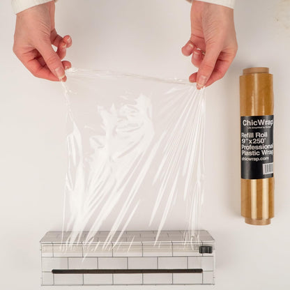 ® Subway Tile Refillable 9” Plastic Wrap Dispenser - Includes One 9" x 250' Roll of Professional Grade Plastic Wrap - and Kosher Certified - Reusable Dispenser w/Slide Cutter