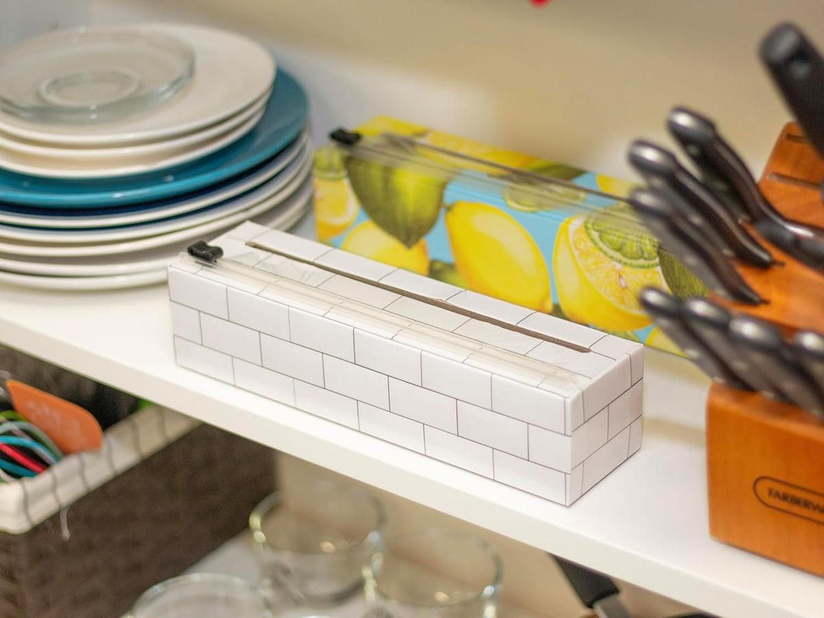 ® Subway Tile Refillable 9” Plastic Wrap Dispenser - Includes One 9" x 250' Roll of Professional Grade Plastic Wrap - and Kosher Certified - Reusable Dispenser w/Slide Cutter