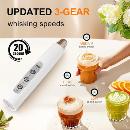 Black Handheld Milk Frother Wand for Coffee, Rechargeable Electric Whisk with 3 Heads 3 Speeds Drink Mixer Coffee Frother For Latte, Cappuccino, Hot Chocolate, Egg