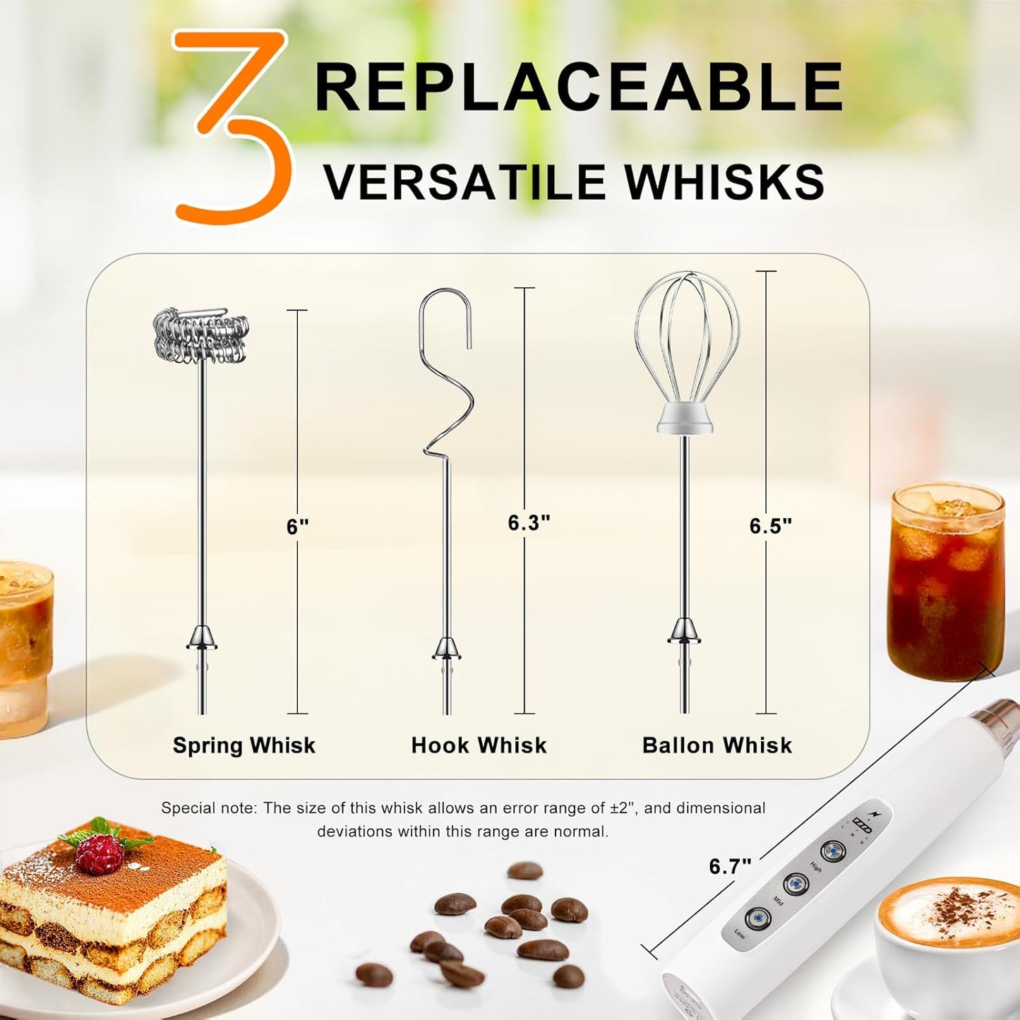 Black Handheld Milk Frother Wand for Coffee, Rechargeable Electric Whisk with 3 Heads 3 Speeds Drink Mixer Coffee Frother For Latte, Cappuccino, Hot Chocolate, Egg