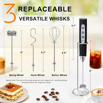 Black Handheld Milk Frother Wand for Coffee, Rechargeable Electric Whisk with 3 Heads 3 Speeds Drink Mixer Coffee Frother For Latte, Cappuccino, Hot Chocolate, Egg