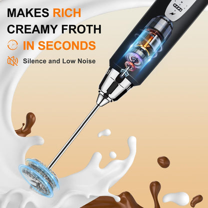 Black Handheld Milk Frother Wand for Coffee, Rechargeable Electric Whisk with 3 Heads 3 Speeds Drink Mixer Coffee Frother For Latte, Cappuccino, Hot Chocolate, Egg