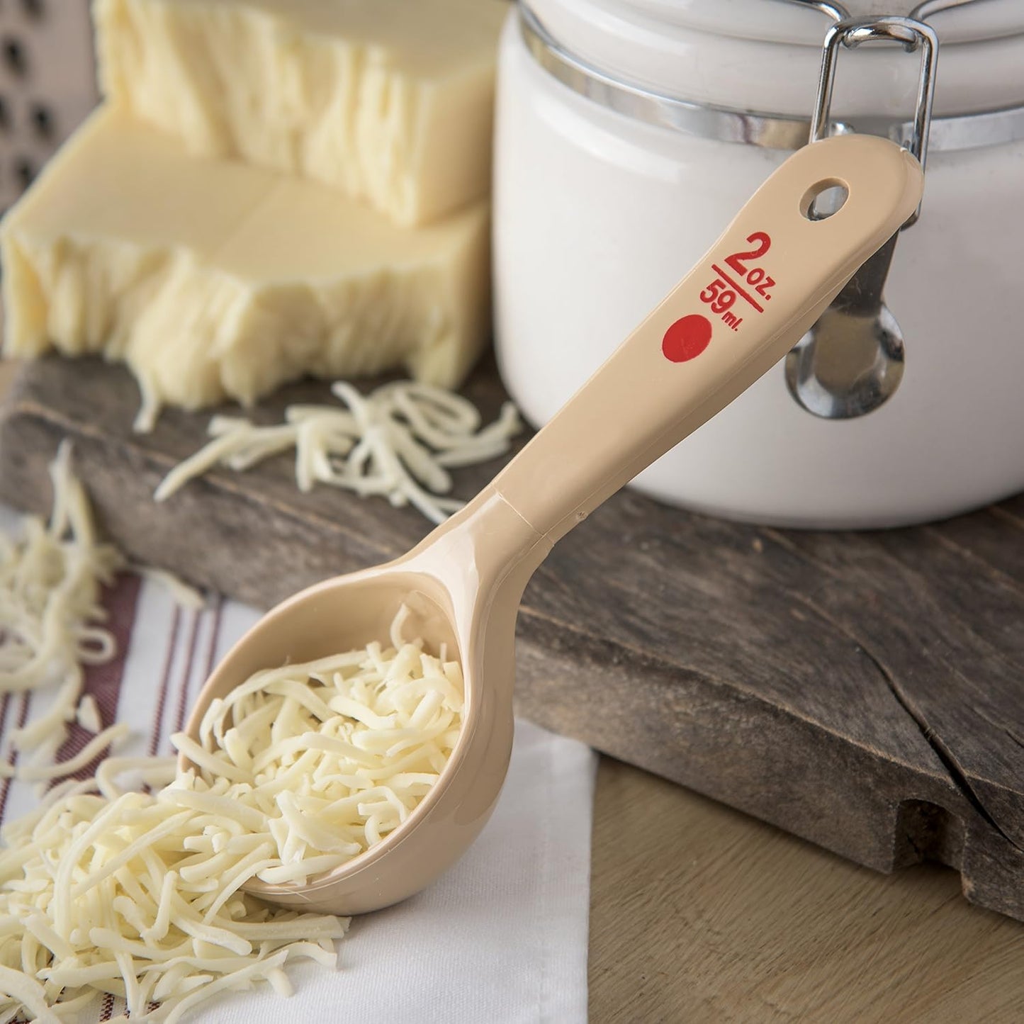 Measure Miser Solid Spoon Measuring Spoon with Short Handle for Kitchens, Plastic, 4 Ounces, Beige