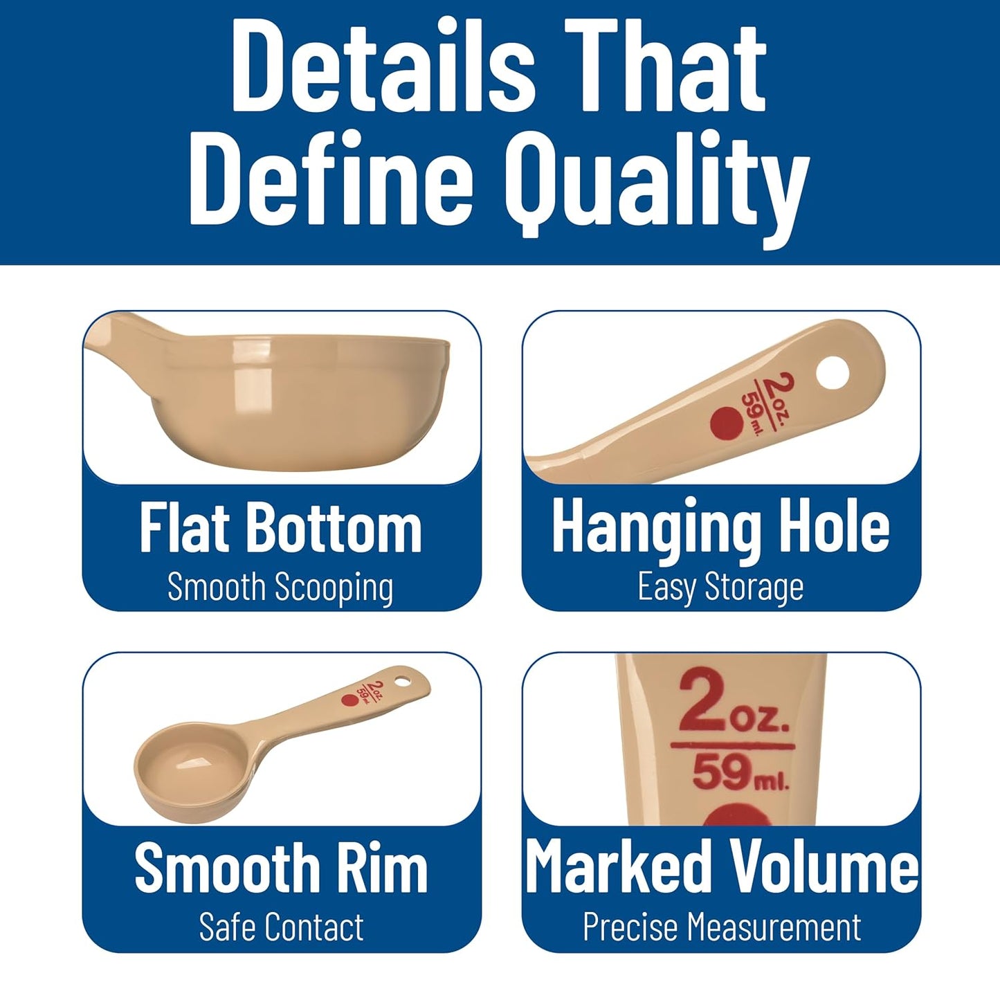 Measure Miser Solid Spoon Measuring Spoon with Short Handle for Kitchens, Plastic, 4 Ounces, Beige