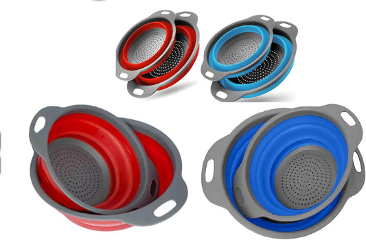 Collapsible Colander Set of 4-2 Red + 2 Blue Silicone Foldable Strainers, BPA-Free, Space Saving Kitchen Sieve with Handles - 2 Sizes (Large & Medium)