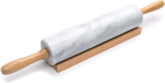Fox Run Polished Marble Rolling Pin with Wooden Cradle, 10-Inch Barrel, White | Marble Stays Cool For Pastry | Heavy Dough Roller For Easy Rolling & Baking | Includes Stand | Naturally Non-Stick Surface