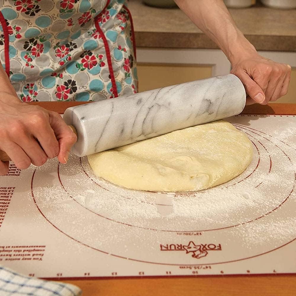 Fox Run Polished Marble Rolling Pin with Wooden Cradle, 10-Inch Barrel, White | Marble Stays Cool For Pastry | Heavy Dough Roller For Easy Rolling & Baking | Includes Stand | Naturally Non-Stick Surface