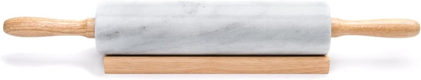 Fox Run Polished Marble Rolling Pin with Wooden Cradle, 10-Inch Barrel, White | Marble Stays Cool For Pastry | Heavy Dough Roller For Easy Rolling & Baking | Includes Stand | Naturally Non-Stick Surface