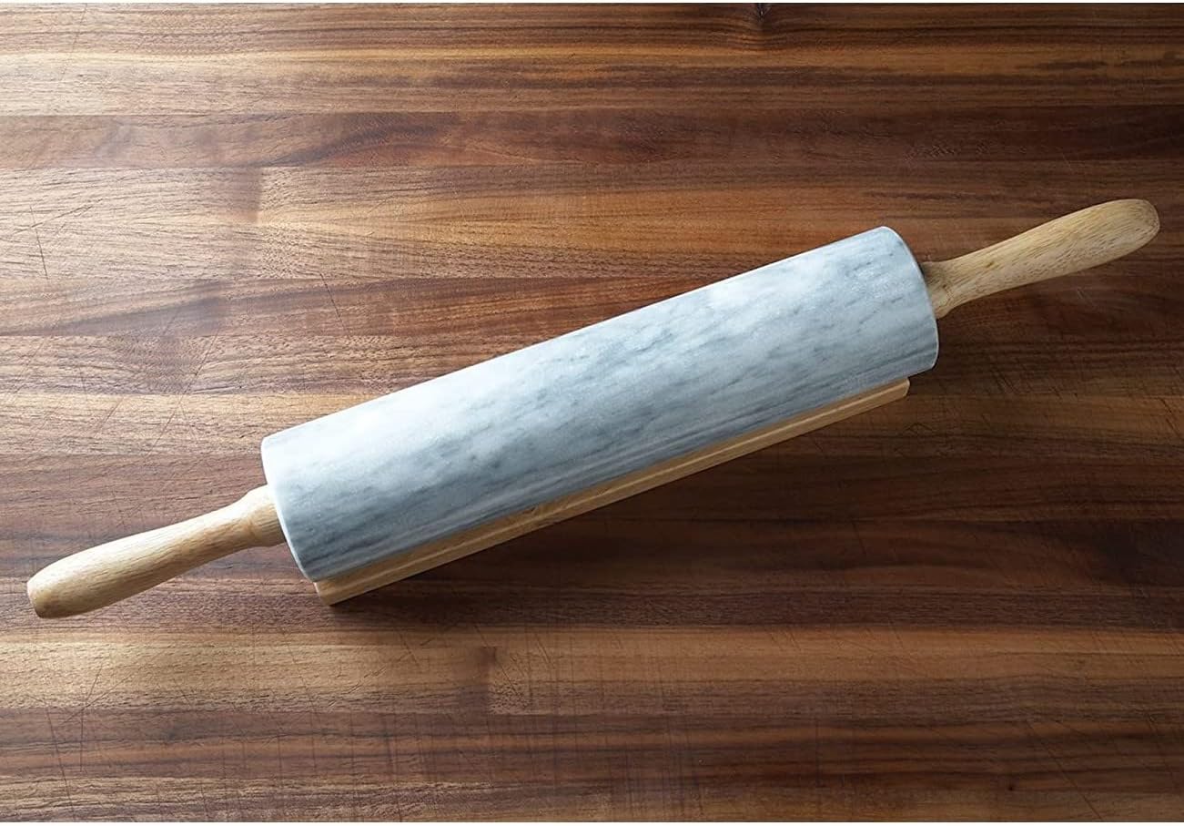 Fox Run Polished Marble Rolling Pin with Wooden Cradle, 10-Inch Barrel, White | Marble Stays Cool For Pastry | Heavy Dough Roller For Easy Rolling & Baking | Includes Stand | Naturally Non-Stick Surface