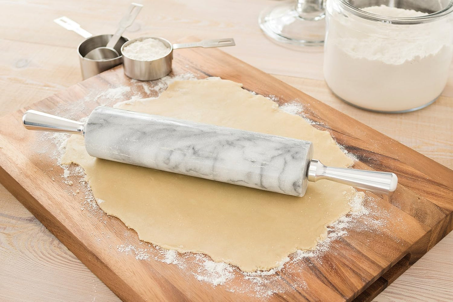 Fox Run Polished Marble Rolling Pin with Wooden Cradle, 10-Inch Barrel, White | Marble Stays Cool For Pastry | Heavy Dough Roller For Easy Rolling & Baking | Includes Stand | Naturally Non-Stick Surface