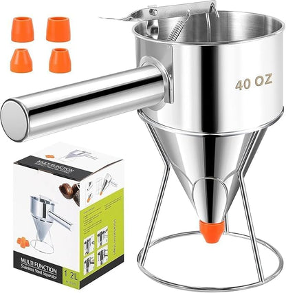 40oz Stainless Steel Pancake Batter Dispenser with Stand, Funnel Cake & Cupcake Batter Dispenser, Multi-Caliber Nozzles for Waffles, Crepes & Icing – Includes 4 Nozzles, Whisk & Brush