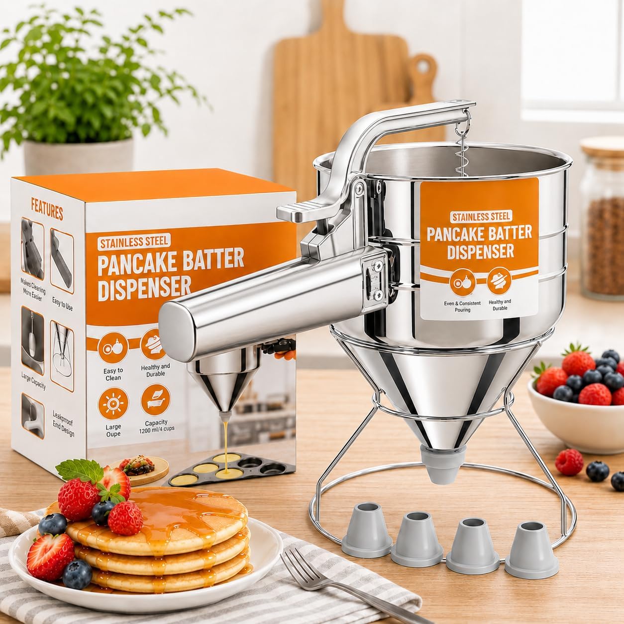40oz Stainless Steel Pancake Batter Dispenser with Stand, Funnel Cake & Cupcake Batter Dispenser, Multi-Caliber Nozzles for Waffles, Crepes & Icing – Includes 4 Nozzles, Whisk & Brush