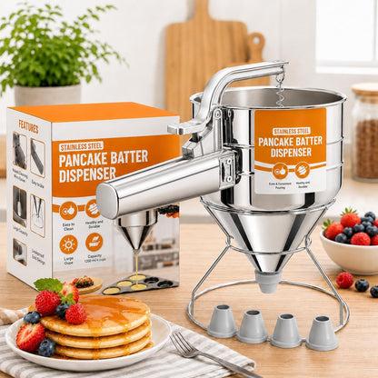 40oz Stainless Steel Pancake Batter Dispenser with Stand, Funnel Cake & Cupcake Batter Dispenser, Multi-Caliber Nozzles for Waffles, Crepes & Icing – Includes 4 Nozzles, Whisk & Brush